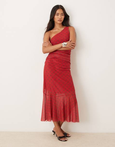 House of Sunny assymetric ruffle polka dot midi dress in red - view 1