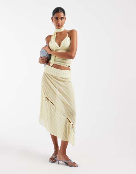 House of Sunny asymmetric button detailing mesh midaxi skirt in yellow and blue stripes - part of a set - view 1