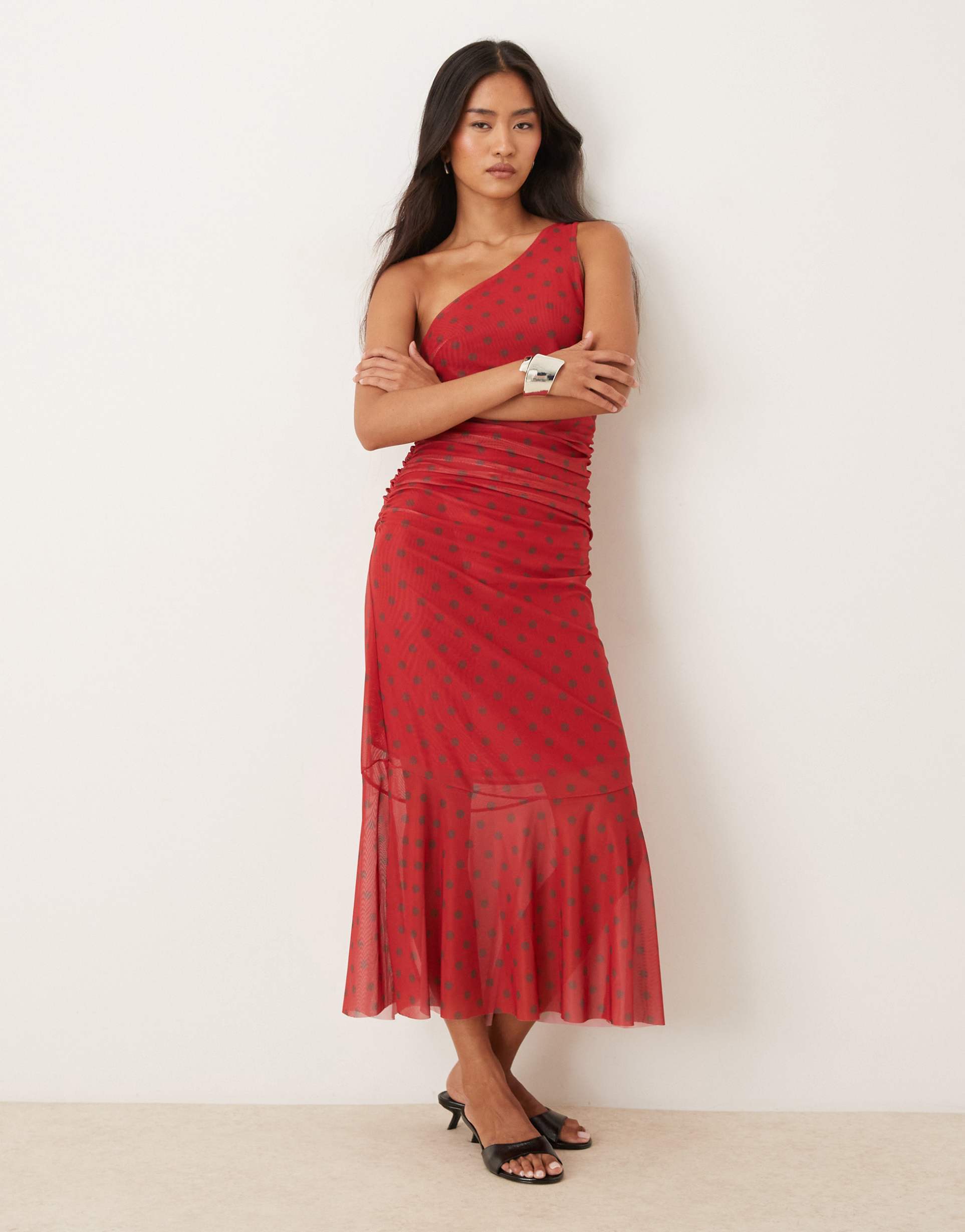 house of sunny asymmetric ruffle polka dot midi dress in red