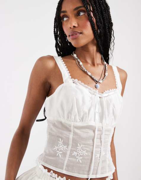 House of Sunny blossom embroidered lace milkmaid top in white - part of a set - view 1
