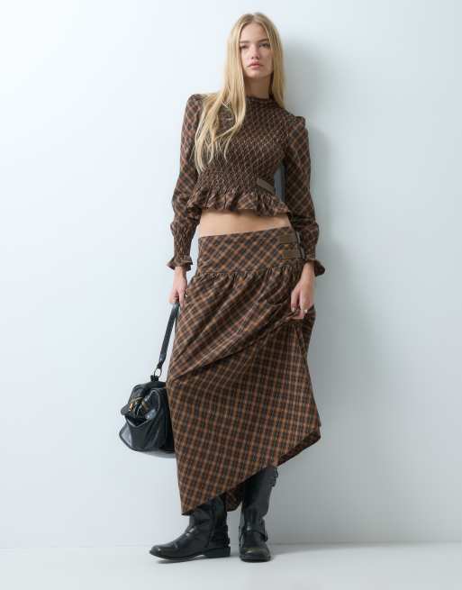 House of Sunny ruched top in brown multi check (part of a set), 2 of 3
