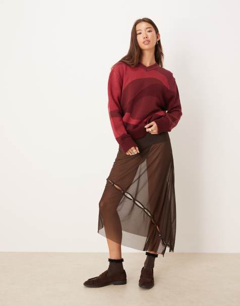 House of Sunny button detail slinky skirt in rosewood brown - view 1