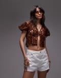 [House of Sunny] House of Sunny casa amor mesh flocked blouse in brown 6 BROWN