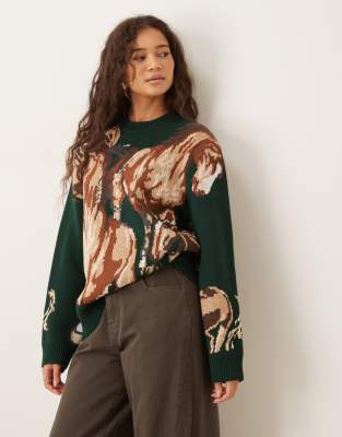 House Of Sunny Classic Wild Horses Sweater In Green