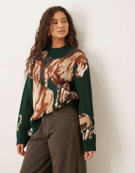 House of Sunny classic wild horses sweater in emerald green - view 1