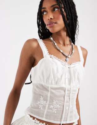 House of Sunny co-ord blossom embroidered lace milkmaid top in white