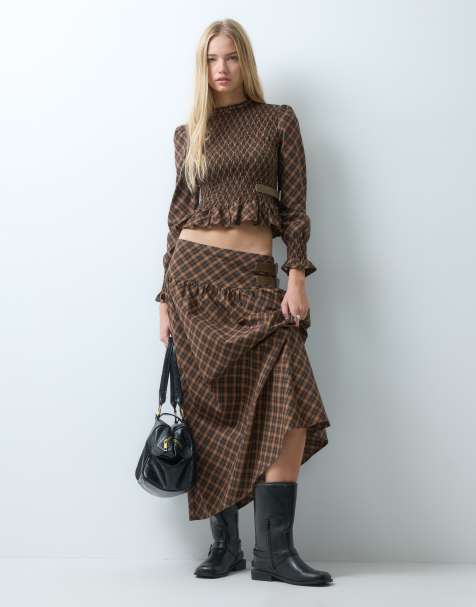 House of Sunny co-ord ruched top in brown multi check co-ord - view 1