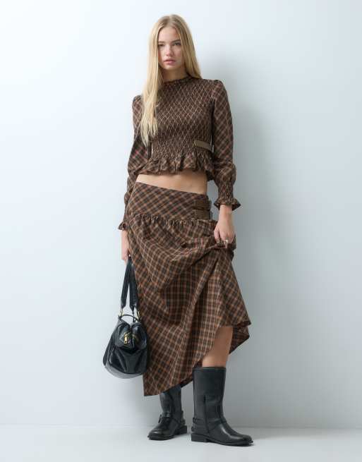 House of Sunny co-ord ruched top in brown multi check co-ord, 2 of 4