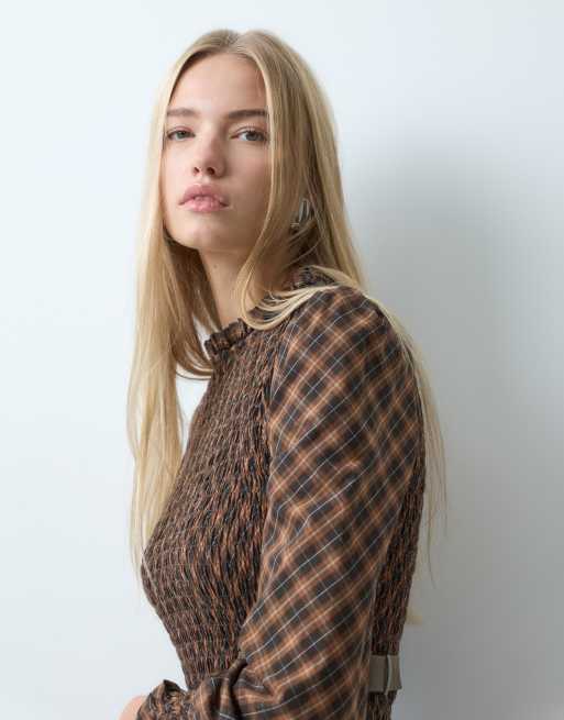 House of Sunny co-ord ruched top in brown multi check co-ord, 3 of 4