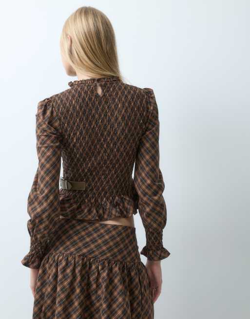 House of Sunny co-ord ruched top in brown multi check co-ord, 4 of 4