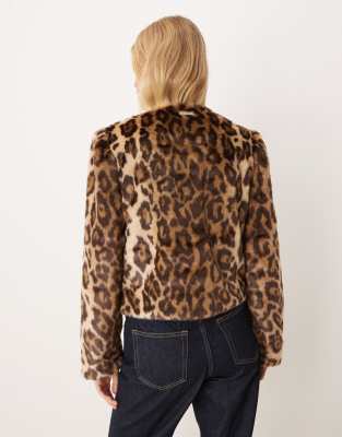 House Of Sunny Collarless Leopard Print Faux Fur Jacket-green In Animal Print