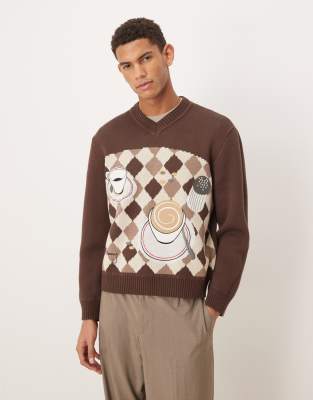 House Of Sunny Daily Grind Jacquard Knit V Neck Sweater In Multi