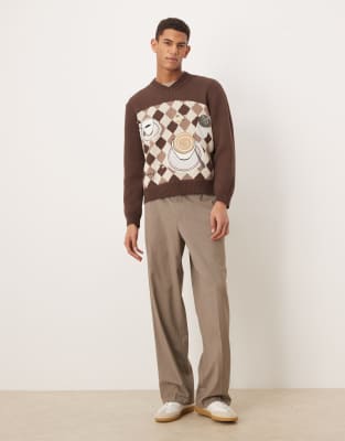 House Of Sunny Daily Grind Jacquard Knit V Neck Sweater In Multi
