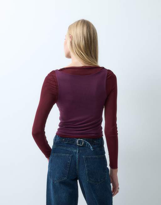 House of Sunny double layer long sleeve mesh top in burgundy, 4 of 4