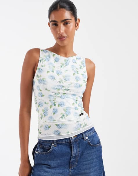 House of Sunny double layer mesh top in blue hydrangea print - view 1