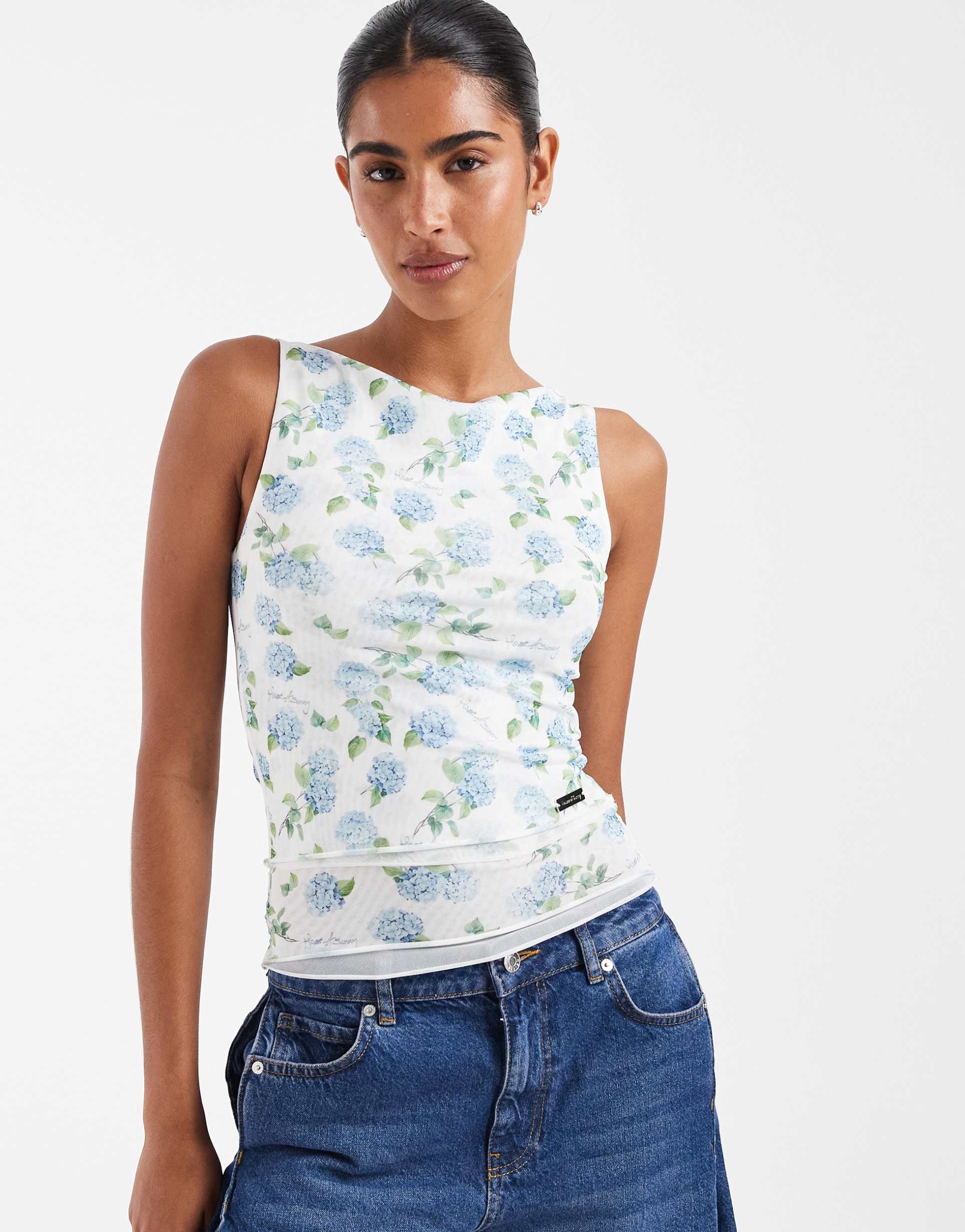 house of sunny double layer mesh top in blue hydrangea print
