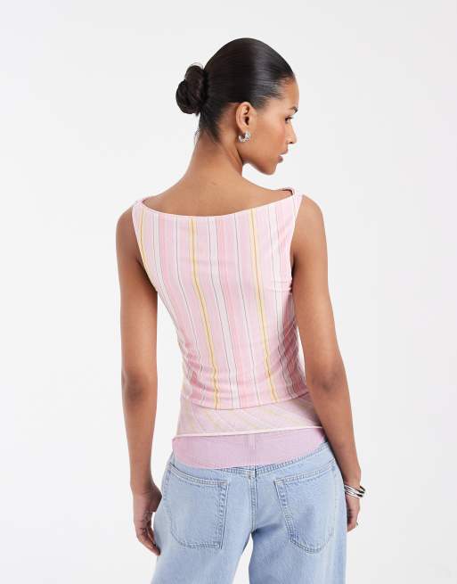 House of Sunny double layer mesh top in yellow pink stripe, 4 of 5