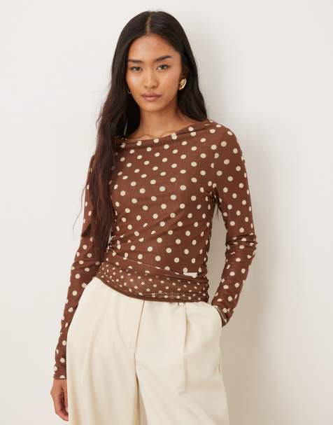 House of Sunny double layer polka dot mesh long sleeve top in brown