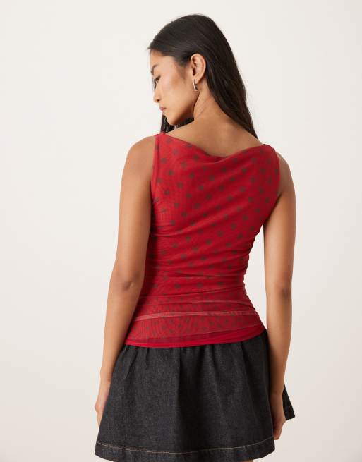 House of Sunny double layer polka dot mesh tank top in red, 3 of 4