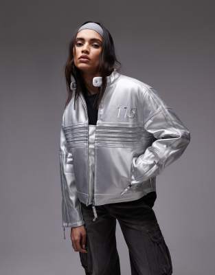 faux leather racing jacket in chrome silver