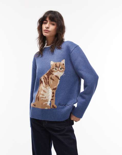 House of Sunny ginger cat crew neck jumper in blue - view 1