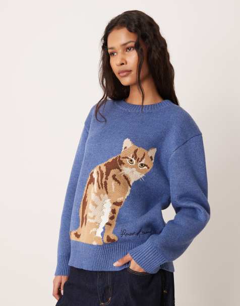 House of Sunny ginger cat crew neck sweater in blue - view 1