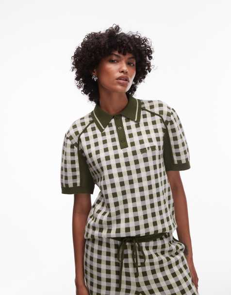 House of Sunny gingham putting polo t-shirt co-ord in green - view 1
