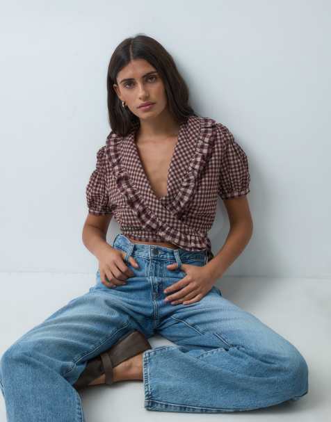 House of Sunny gingham ruffle top in burgundy - view 1