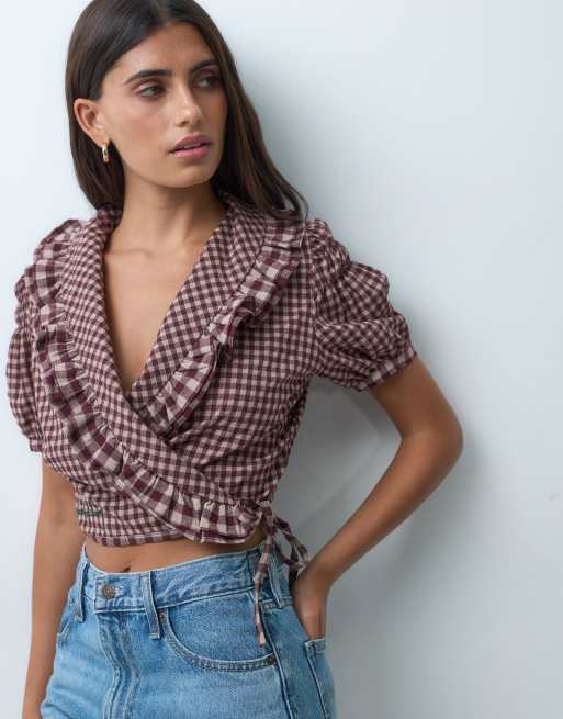 House of Sunny gingham ruffle top in burgundy, 3 of 4