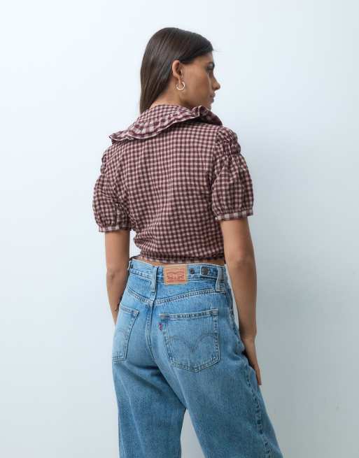 House of Sunny gingham ruffle top in burgundy, 4 of 4