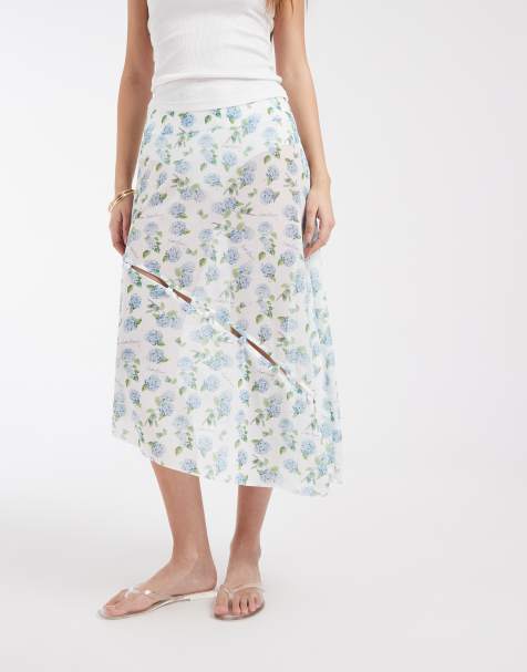 House of Sunny hydranga asymmetric button detail skirt in blue ditsy floral - view 1