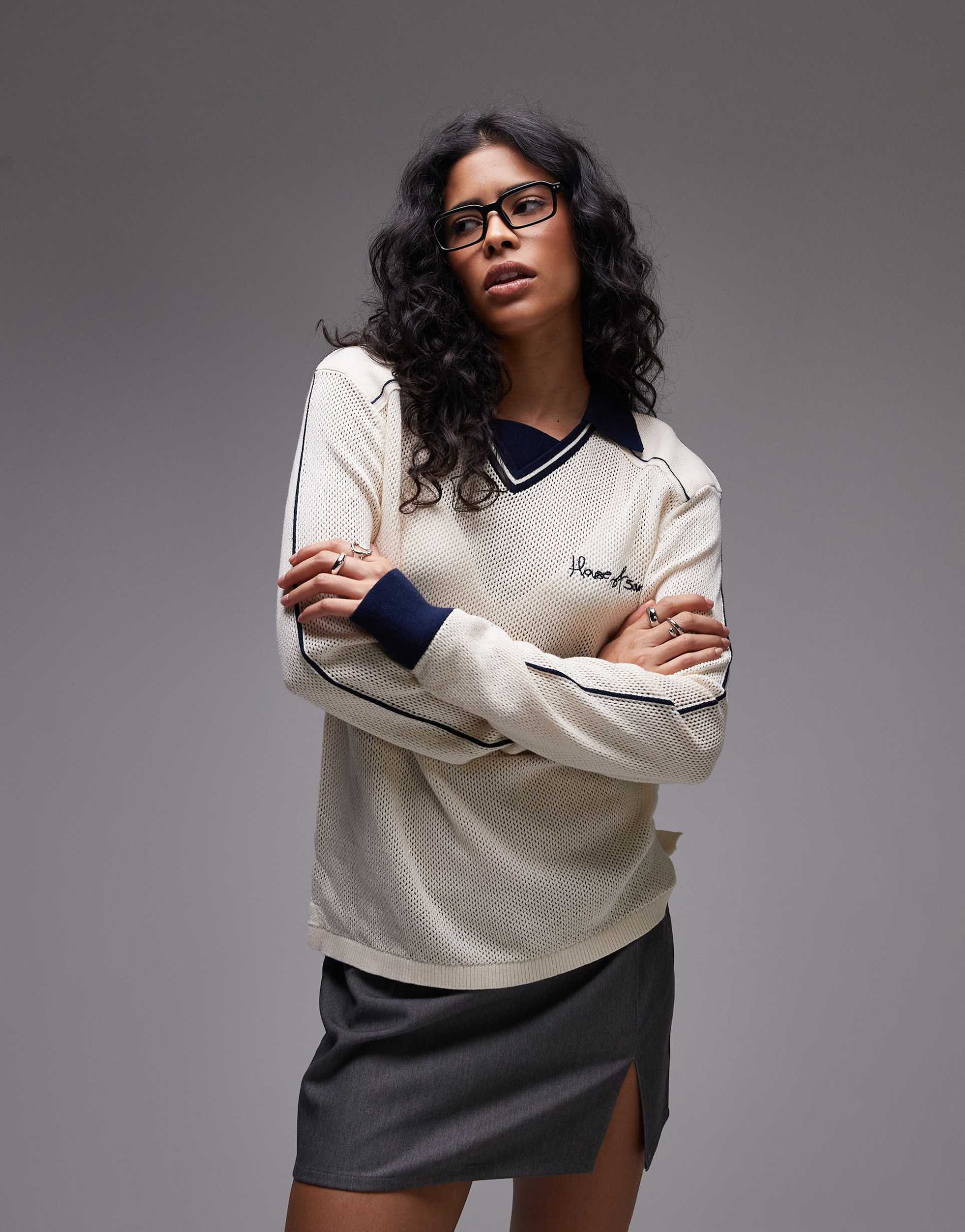 house of sunny keepers open knit rugby top in white and navy