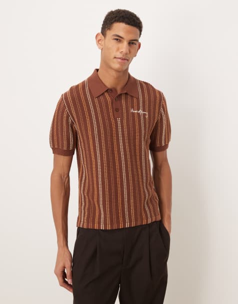 House of Sunny knitted striped polo in brown - view 1