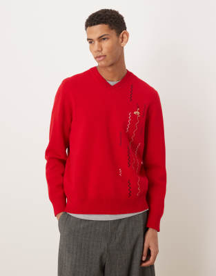 House Of Sunny More Spaghetti Jacquard Knit V Neck Sweater In White