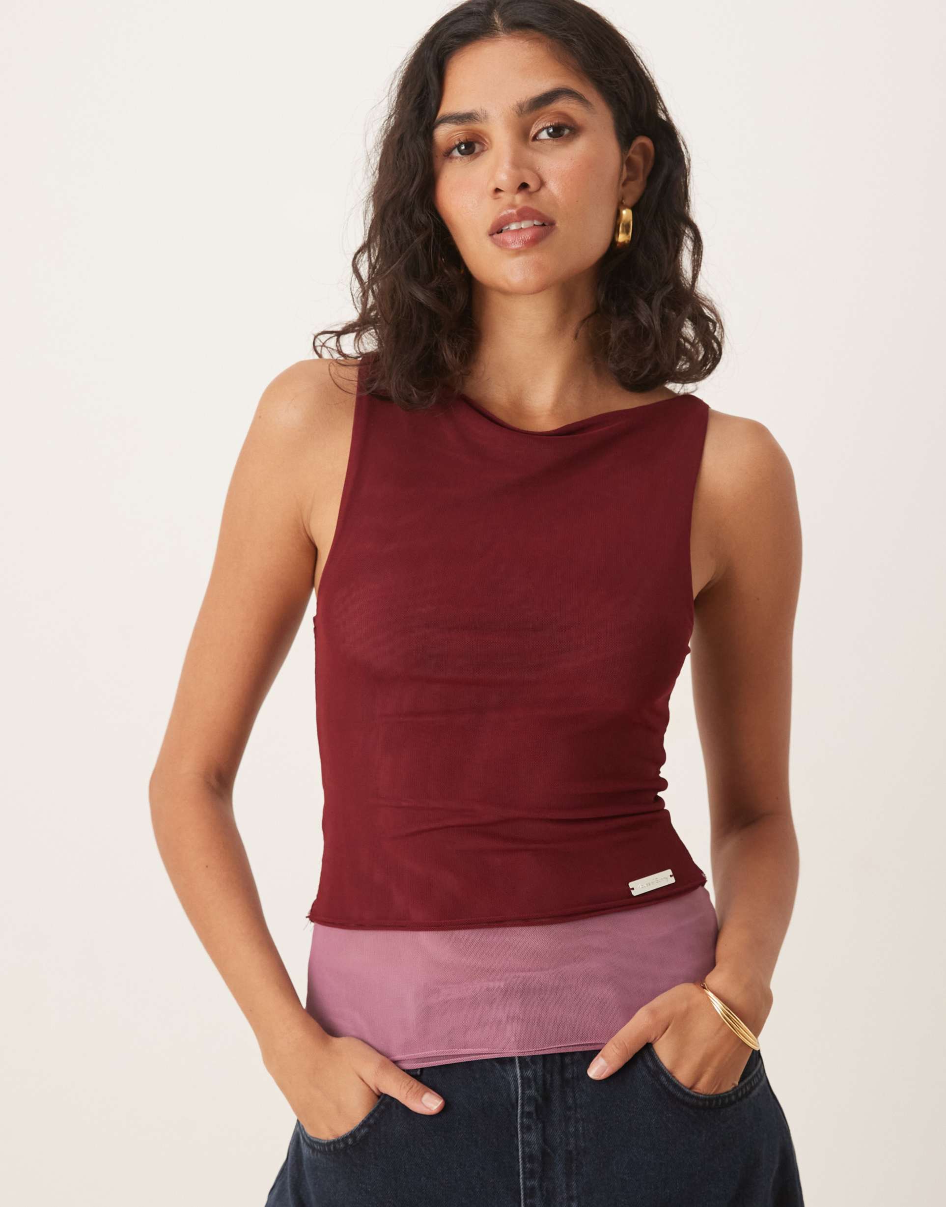 house of sunny multi layer mesh tank top in berry