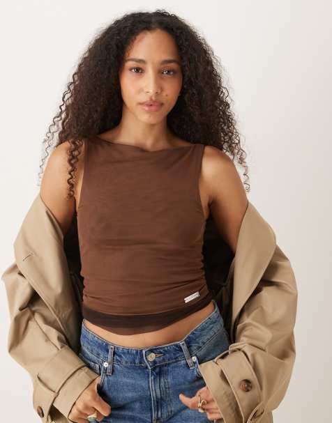 House of Sunny multi layer mesh vest in toffee brown