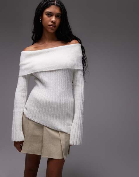 House of Sunny off the shoulder chunky rib top in white - view 1