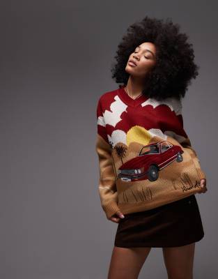 House Of Sunny On The Road Relaxed V-neck Sweater In Multi