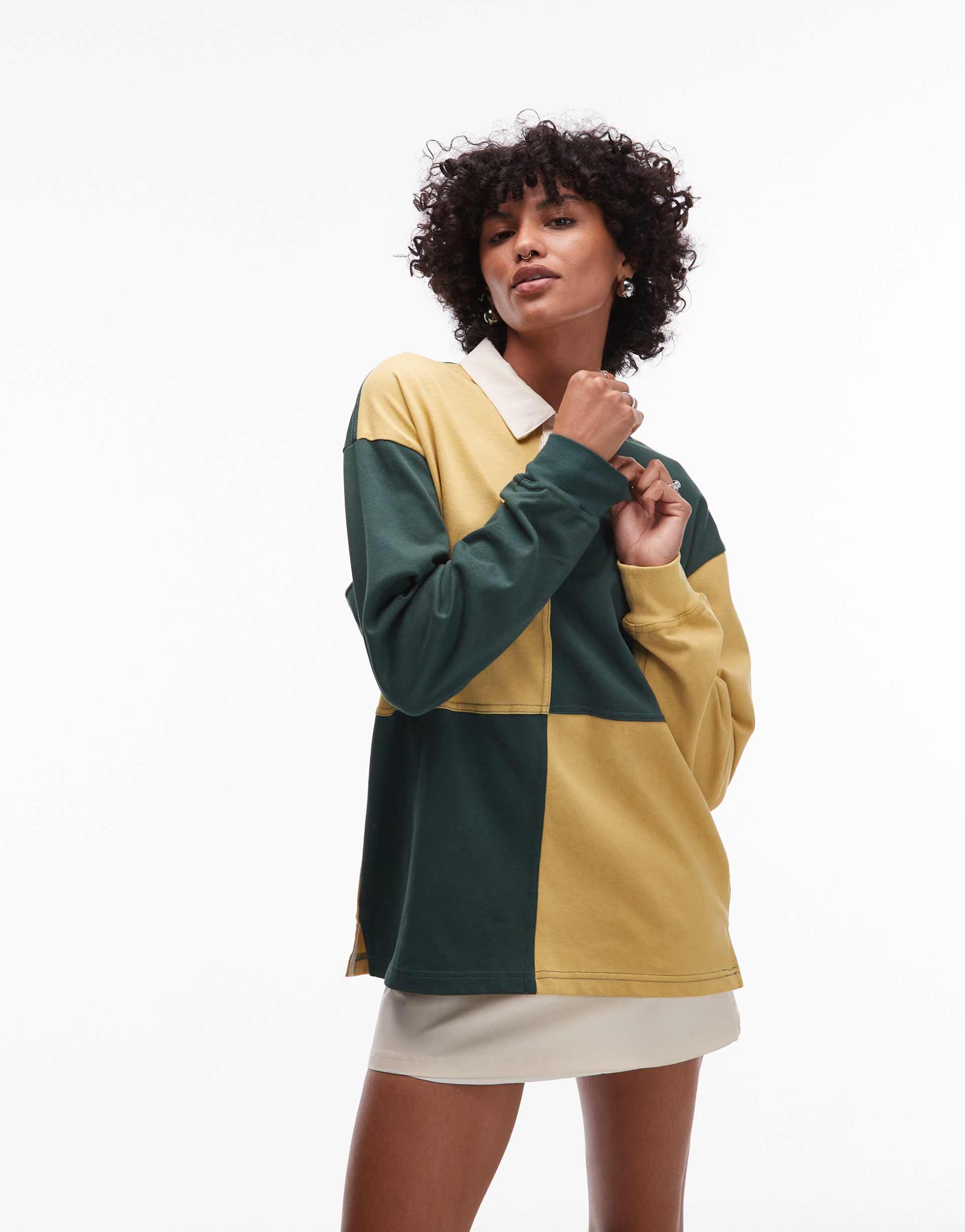 house of sunny paneled power logo rugby top in green and yellow