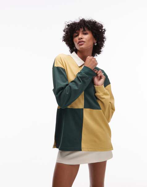 House of Sunny panelled power logo rugby top in green and yellow - view 1