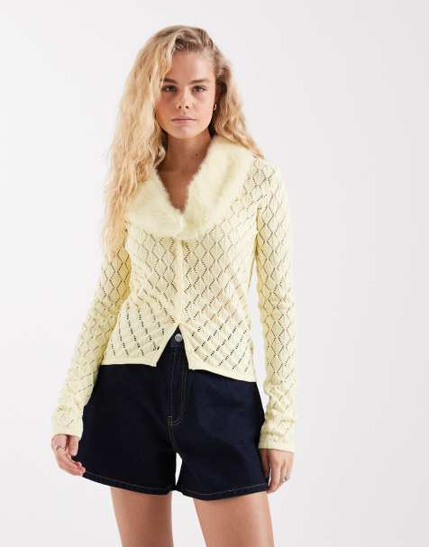 House of Sunny Peggy cardigan with detachable faux fur collar in butter yellow - view 1