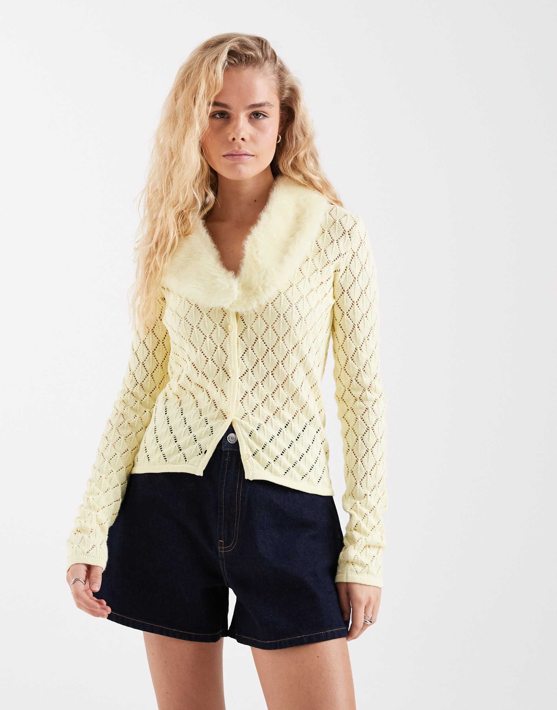 house of sunny peggy cardigan with detachable faux fur collar in butter yellow