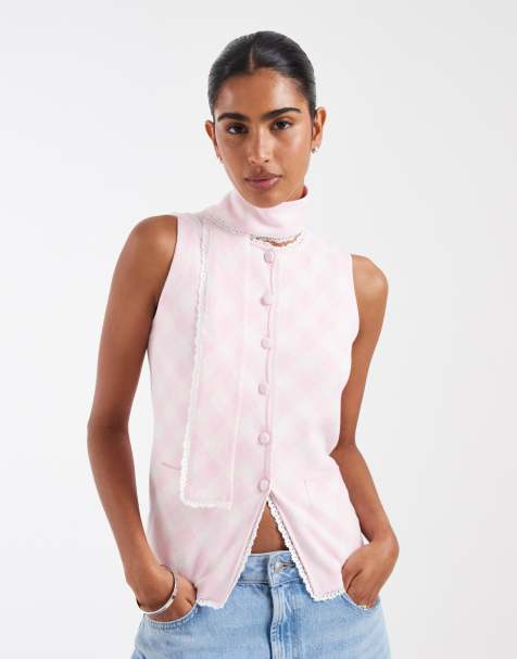 House of Sunny Peggy vest with scarf detail in pink plaid - view 1