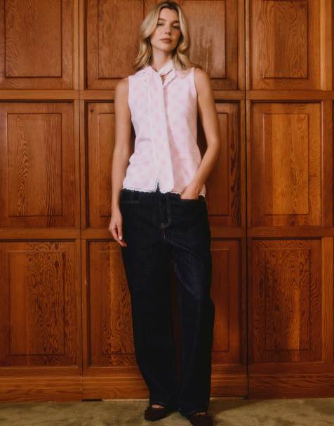 House of Sunny Peggy vest with scarf detail in pink plaid