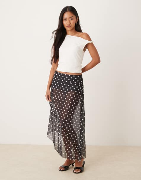 House of Sunny polka dot mesh button detail midi skirt in black