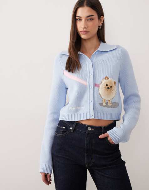 House of Sunny pom pom tripper classic knit cardigan in sky blue - view 1