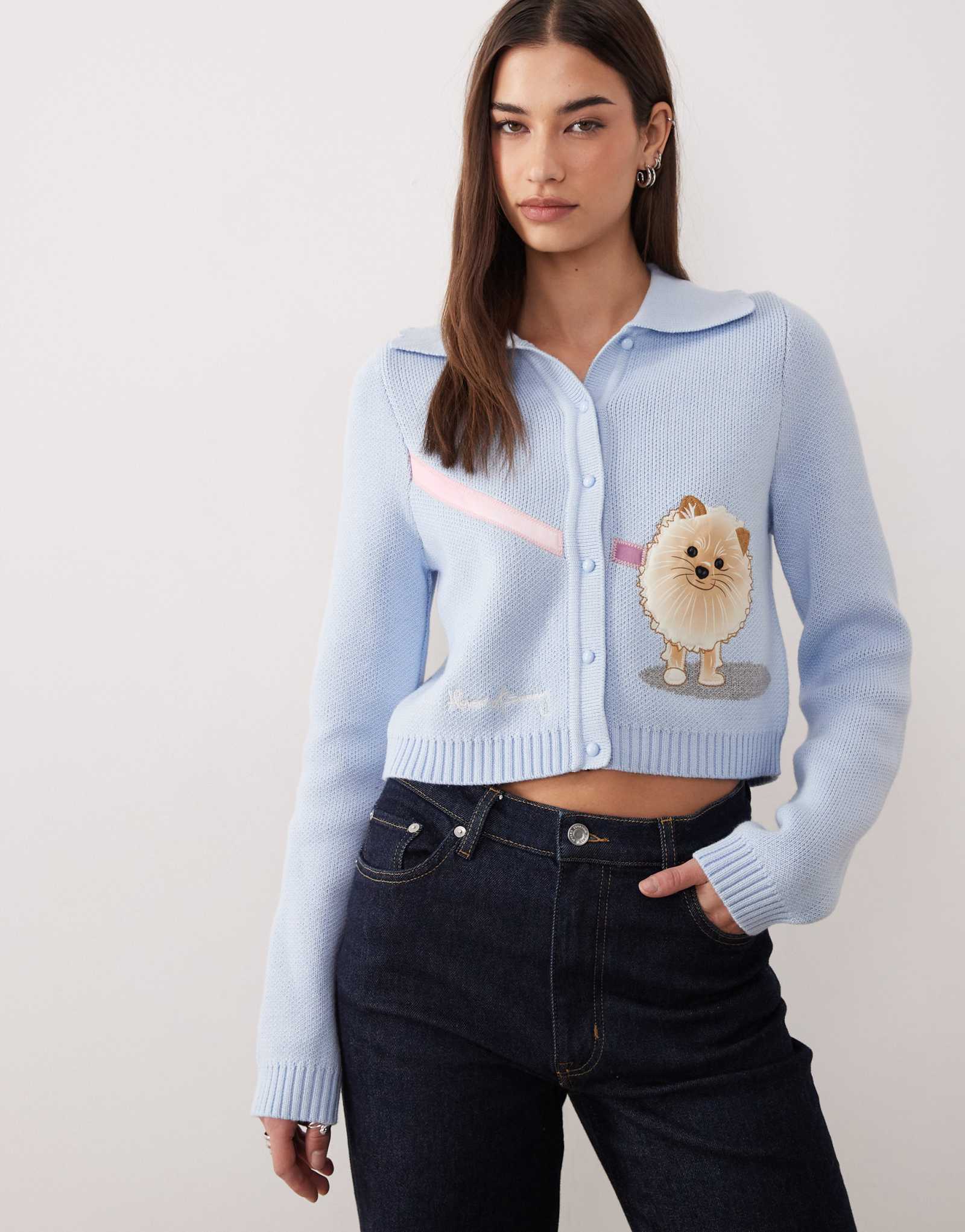 Классический вязаный кардиган House of Sunny pom pom tripper небесно-голубого цвета