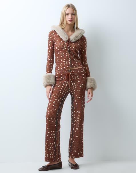House of Sunny power peggy classic rib knit button up cardigan co-ord in deer print - view 1