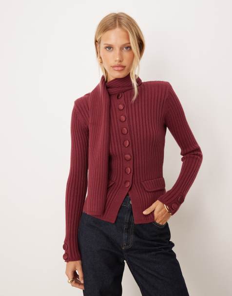 House of Sunny power peggy classic rib knit button up cardigan with scarf in burgundy
