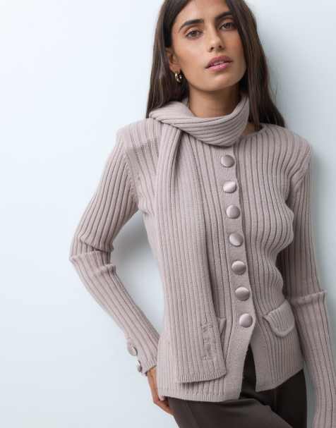 House of Sunny power peggy classic rib knit button up cardigan with scarf in taupe - view 1